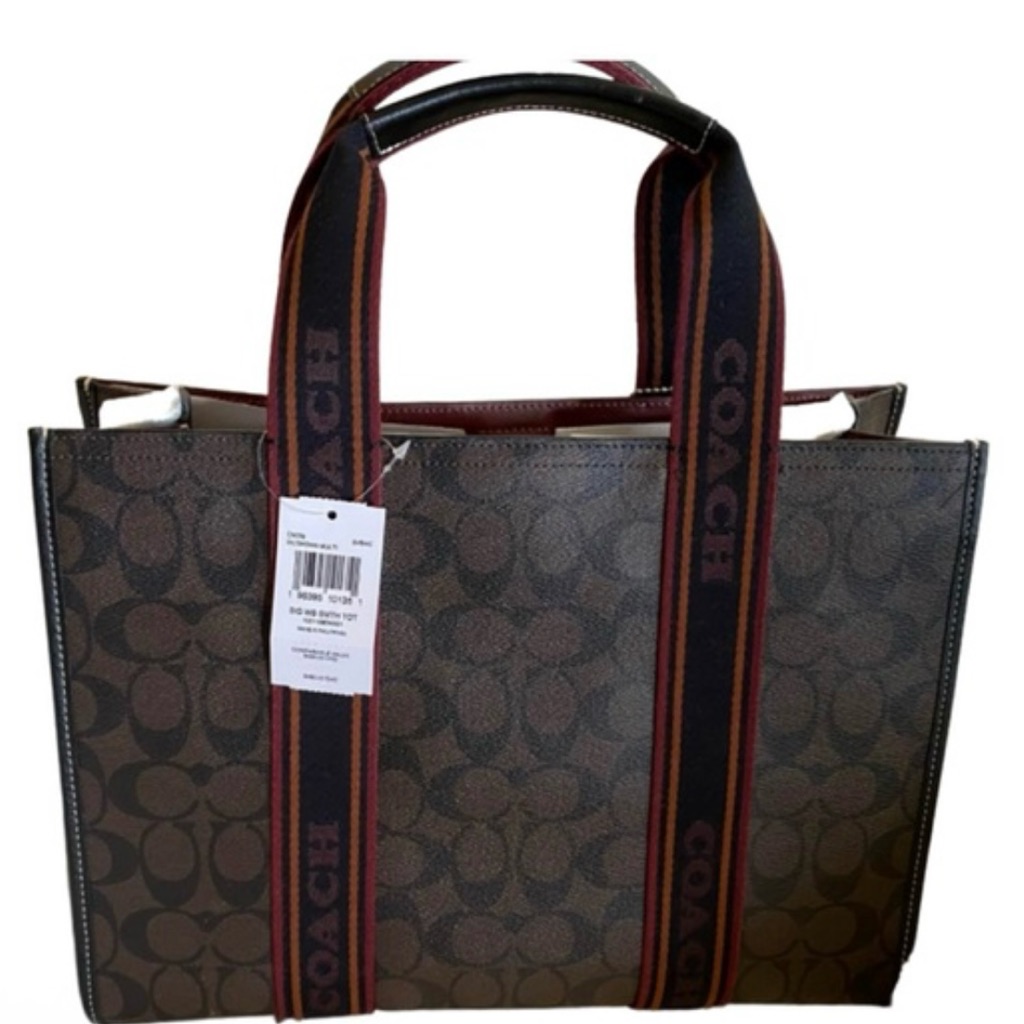 Coach Brown Multi Signature Tote With Red Stripes